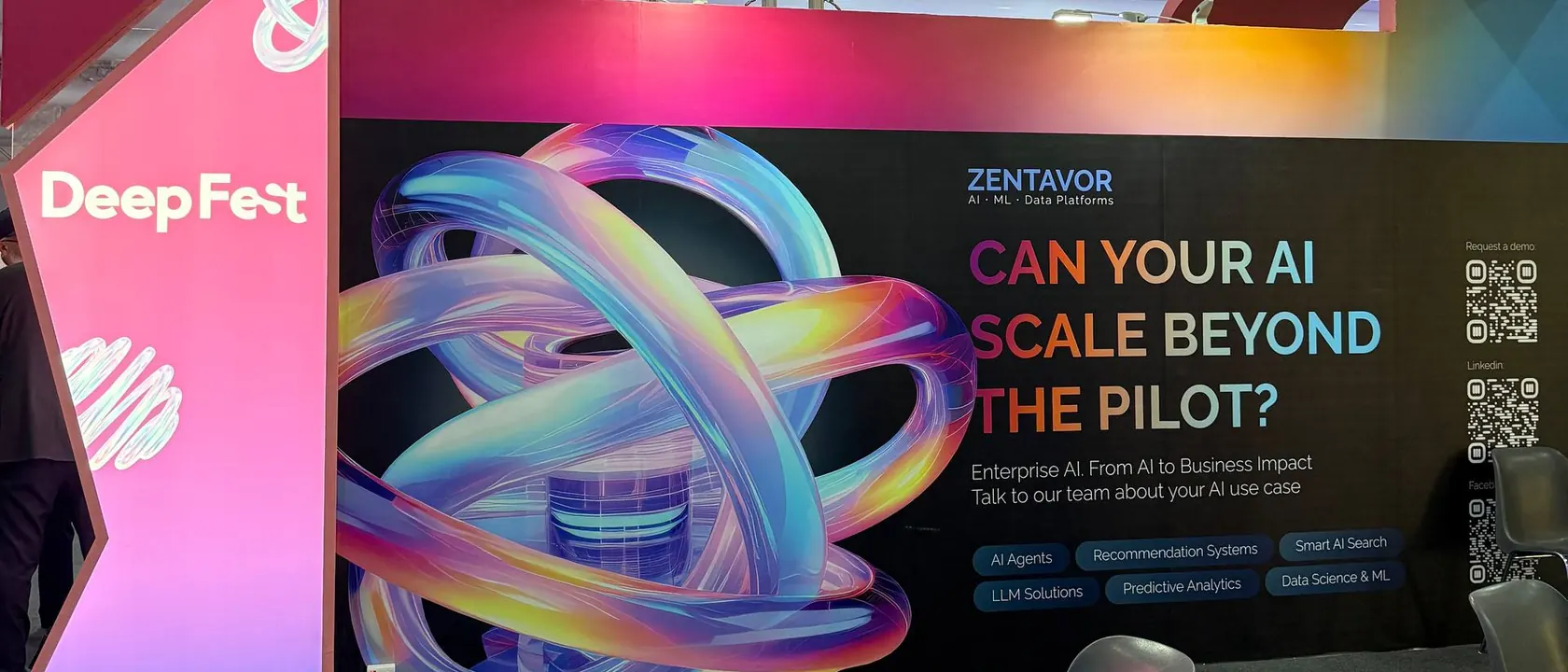 The Zentavor stand next to the DeepFest sign in Riyadh, under the headline “Can your AI scale beyond the pilot?”