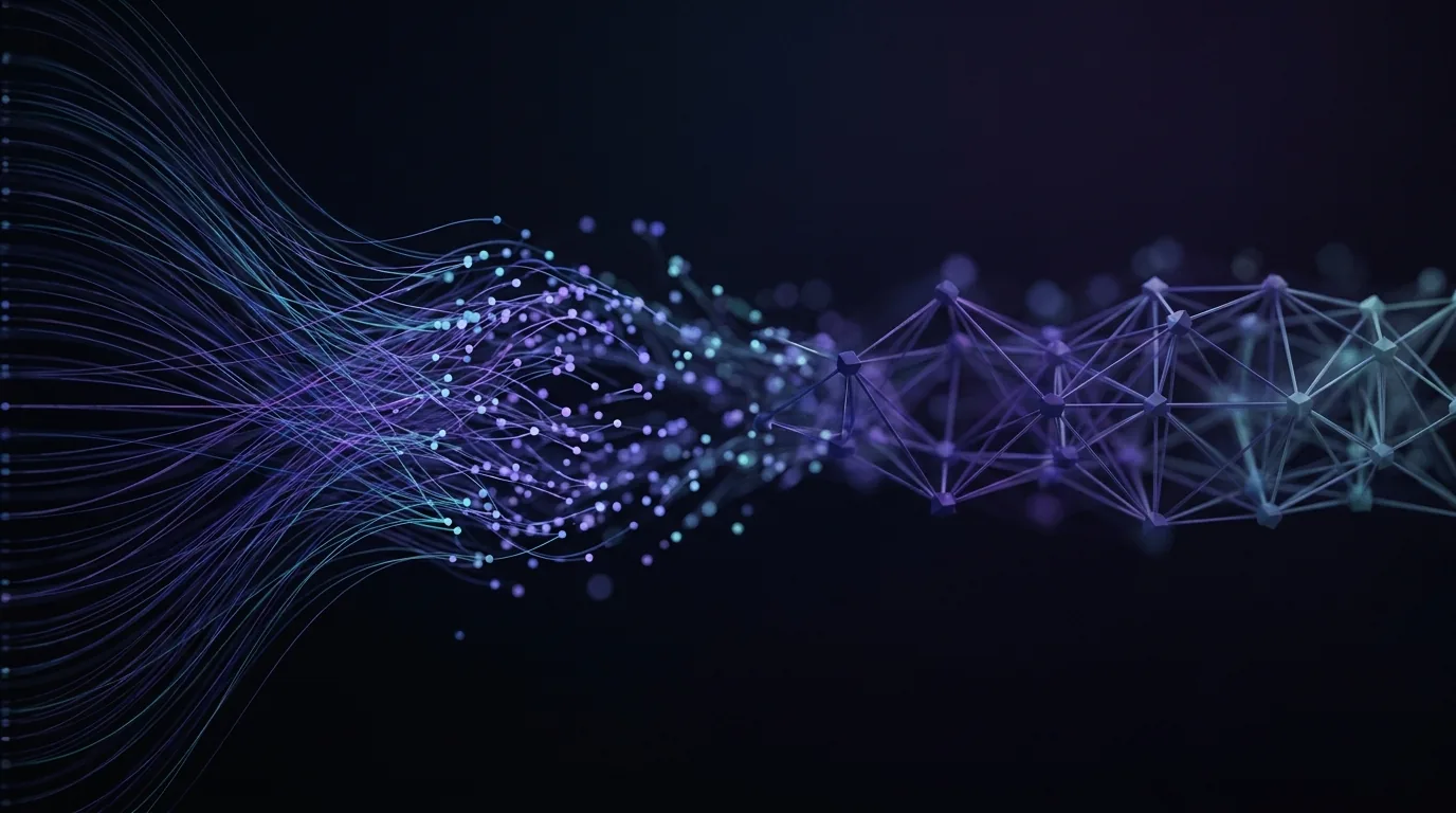Abstract visualization of support requests flowing through an AI system